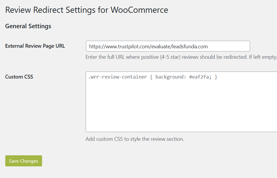 wordpress plugin setting page for leadsfunda woocommerce redirect