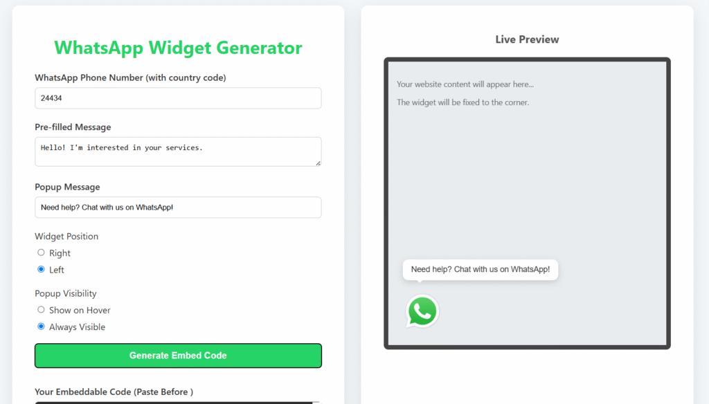 whatsapp widget generator script preview